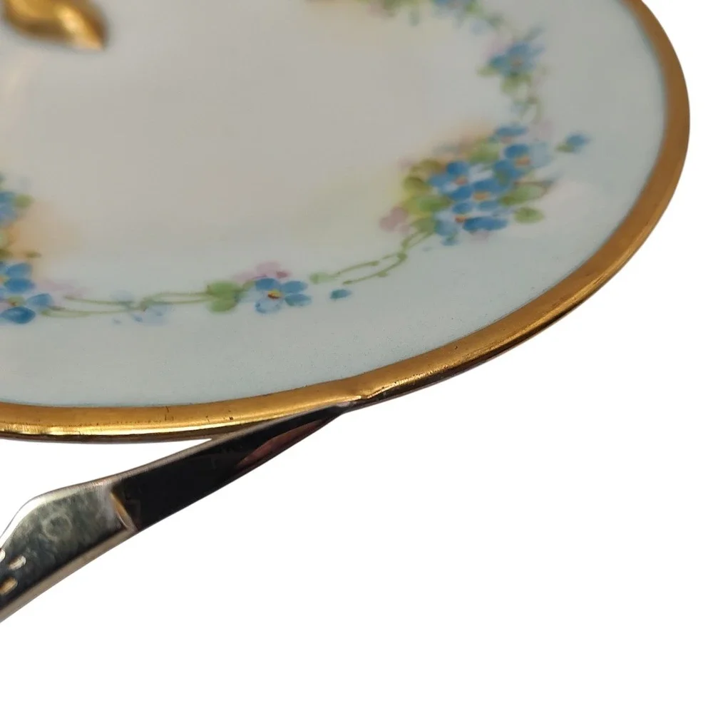 Antique‎ Bavaria Nappy Lemon Dish Blue Hand Painted Floral Gold Trim Handle SEE